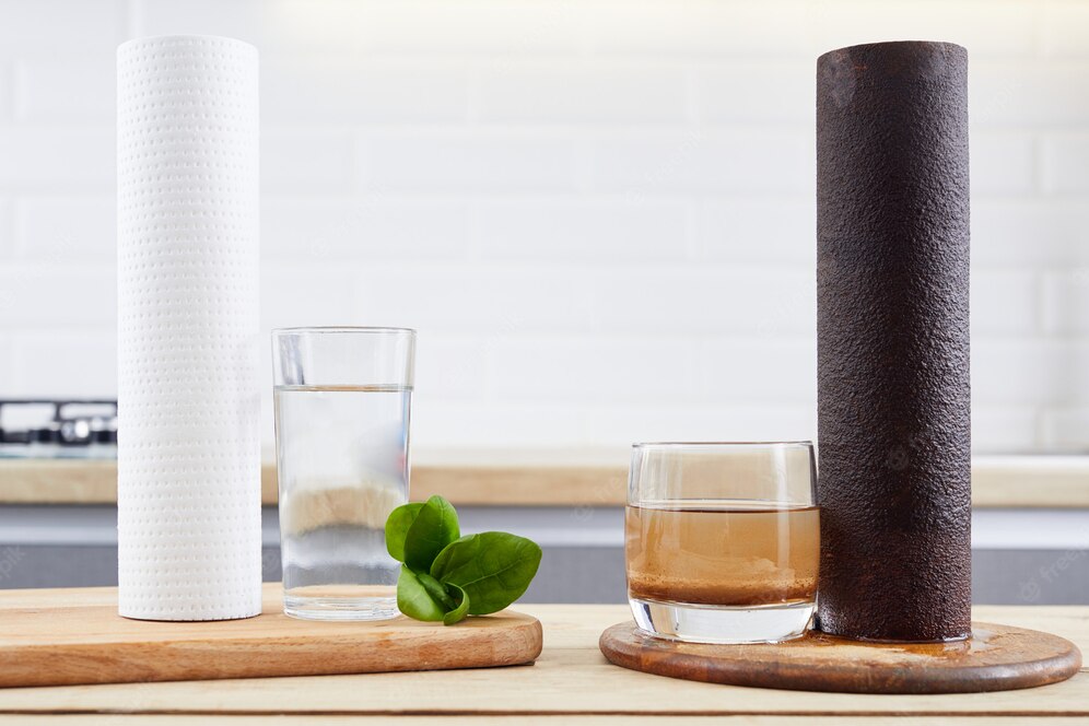 water filter cartridge used glass dirty water brown coloring new pure filter with glass clean water from domestic water osmosis systems modern kitchen 179369 35